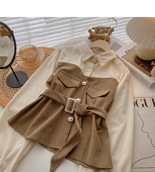New Korean retro slim waist closed fake two-piece top  6399