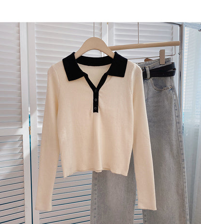 Color blocking slim fit short sweater casual slim long sleeve  6593