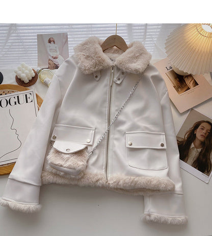 Plush coat fashion retro loose long sleeved PU leather clothes delivery bag  6220