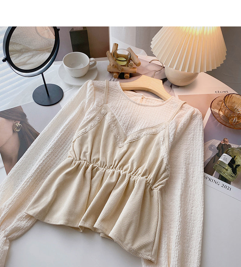 Vintage shirt with thin waist stitching fake two tops  6387