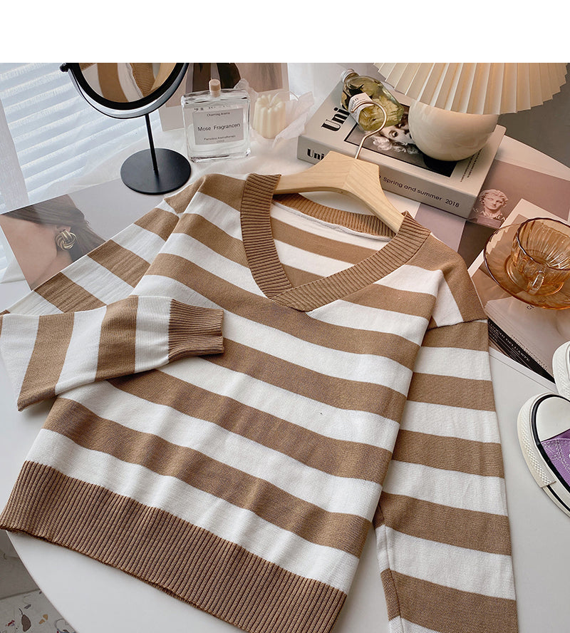 Striped long sleeved sweater Pullover Top bottomed shirt  6448