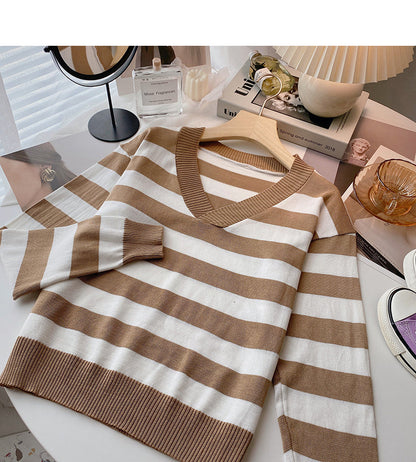 Striped long sleeved sweater Pullover Top bottomed shirt  6448