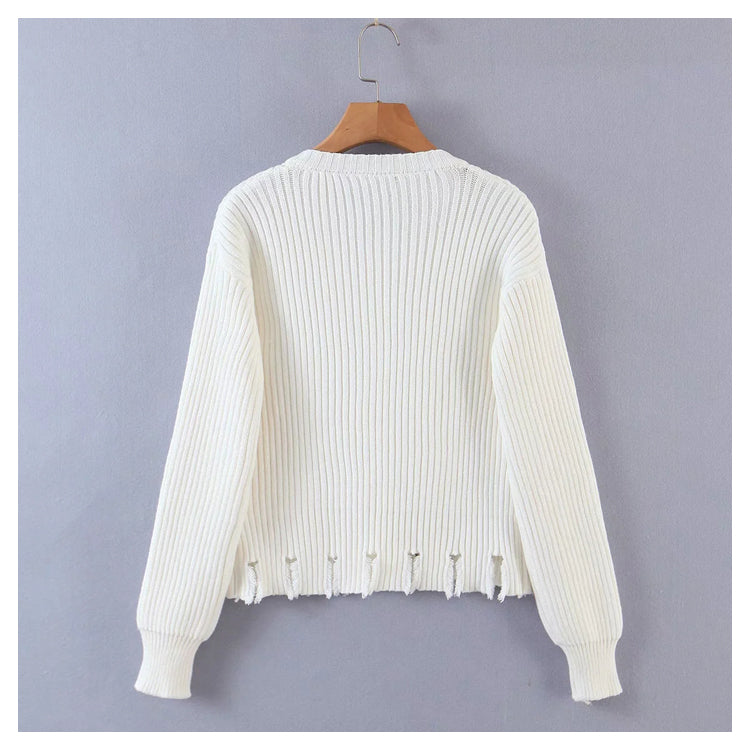 Irregular button round neck long sleeve knitted cardigan sweater  7358
