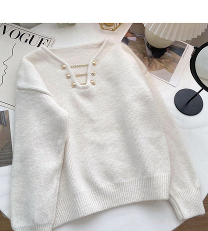 Niche design personalized V-neck bright silk long sleeve Pullover Top  6047
