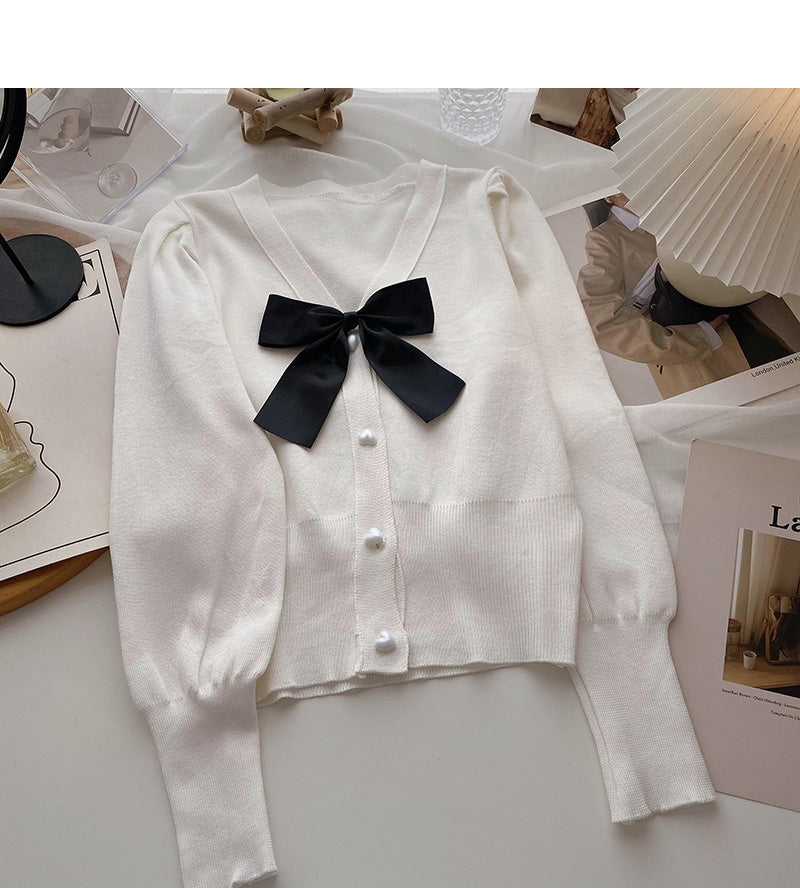 Vintage bow V-Neck Sweater slim long sleeve top  6595