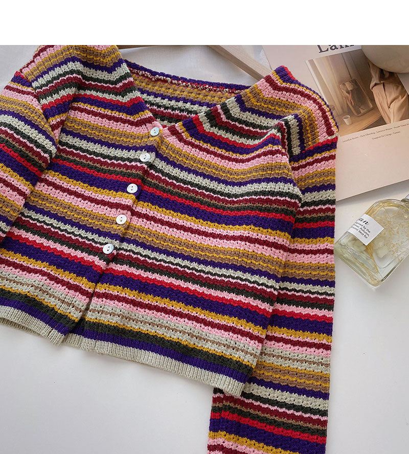 Colorful striped sweater sweet high waist short V-neck top  6521