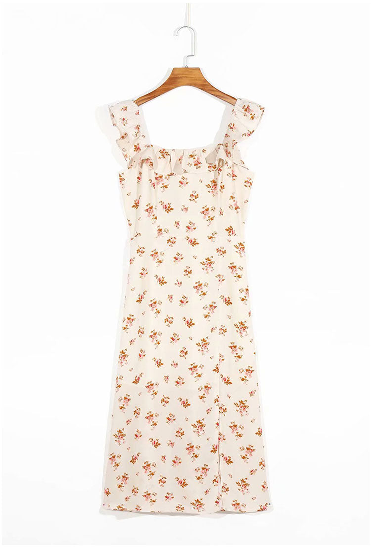 French gentle first love elastic wrinkled girl broken flower knee dress  7092