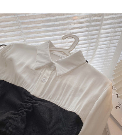 Shirt Female Minority design color matching drawstring fake two pieces  6287