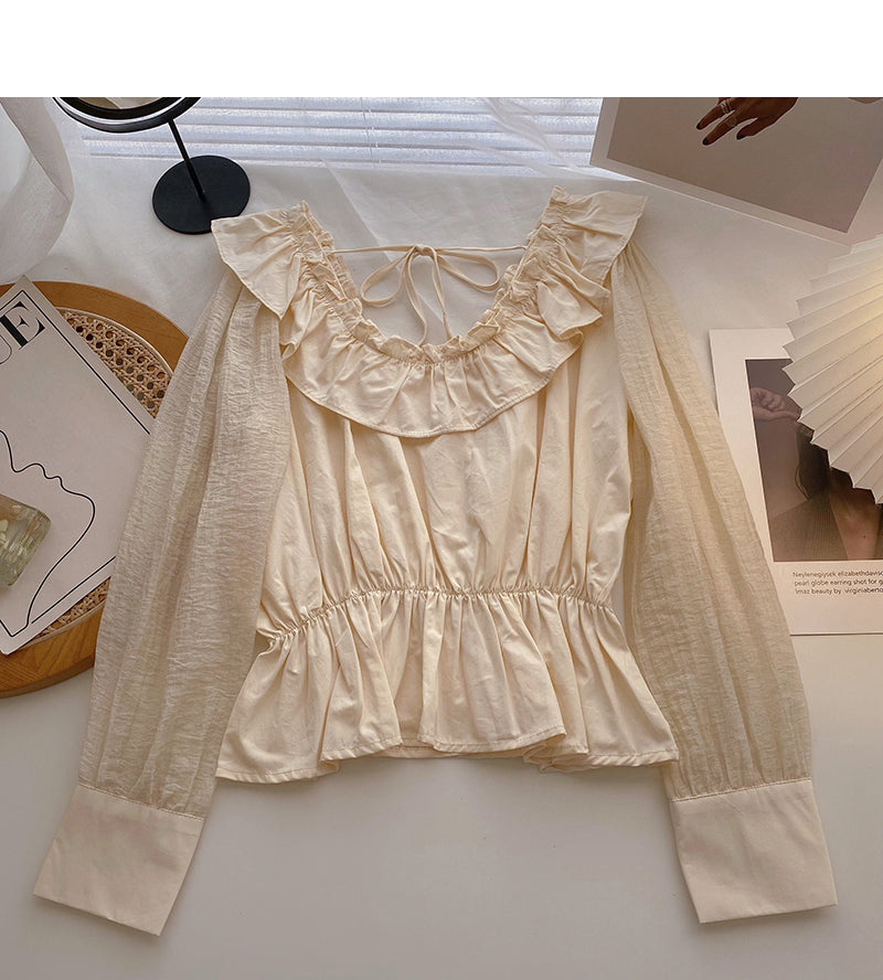 Lace up Ruffle round neck shirt with slim waist  6434