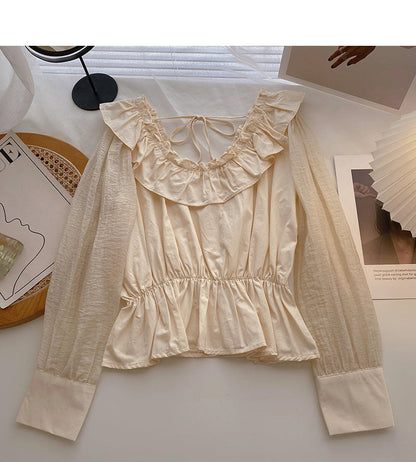 Lace up Ruffle round neck shirt with slim waist  6434