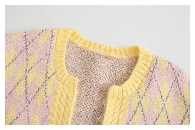 Versatile diamond check sweater cardigan jacket  7479