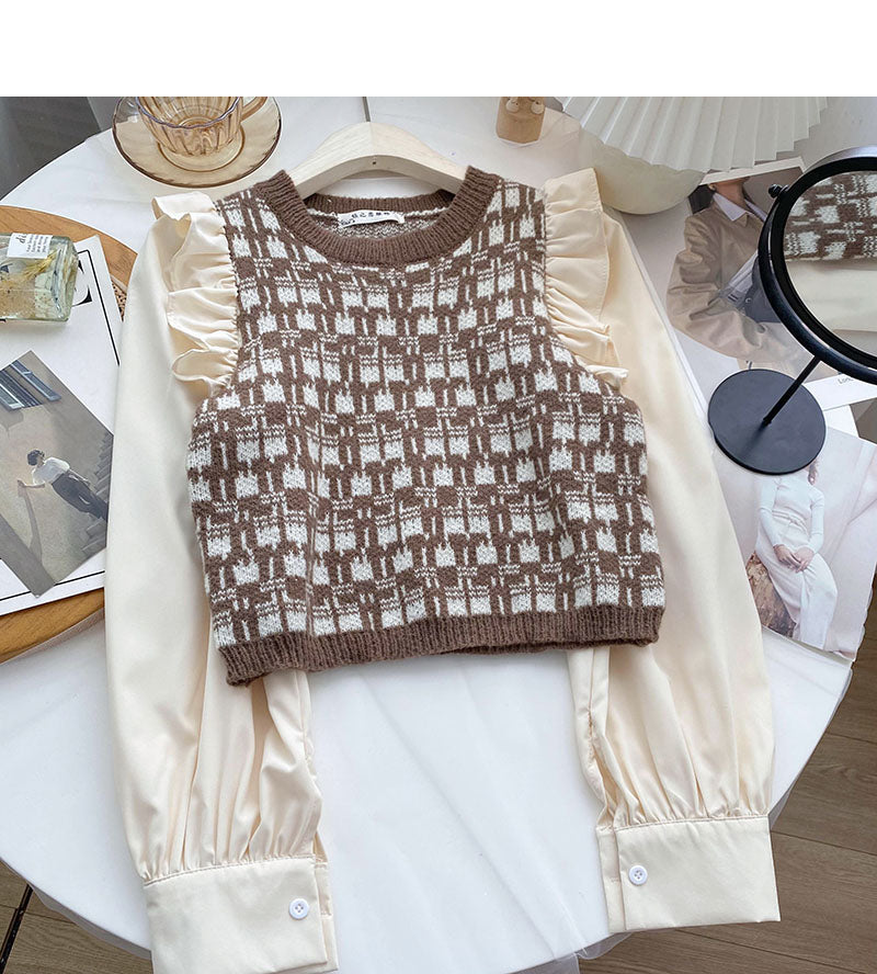 Knitwear Vintage fungus edge long sleeve stitching top  6515