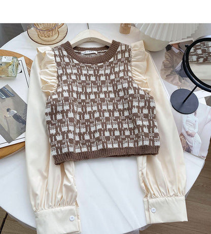 Knitwear Vintage fungus edge long sleeve stitching top  6515