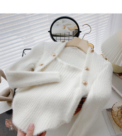 Wool sweater slim fit short small square neck double row button top  6603