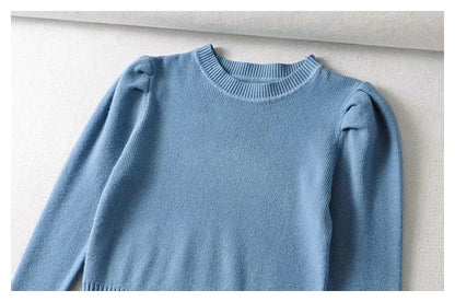 Round neck bubble sleeve elastic slim knit sweater  7444