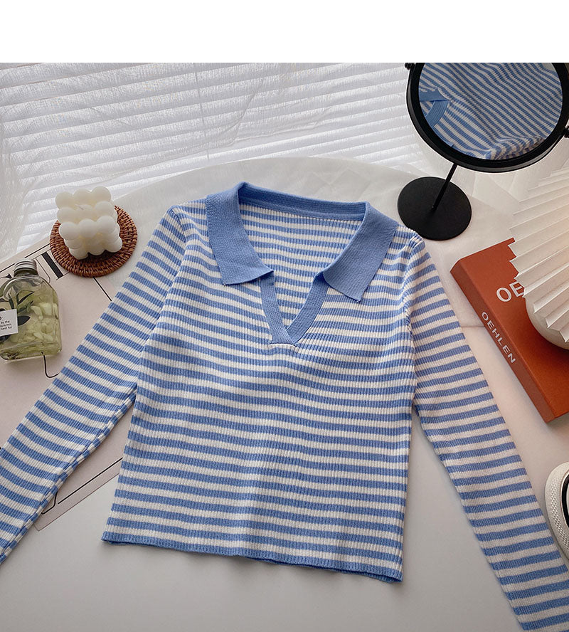 T-shirt Lapel stripe contrast color shows thin slim top fashion  6538