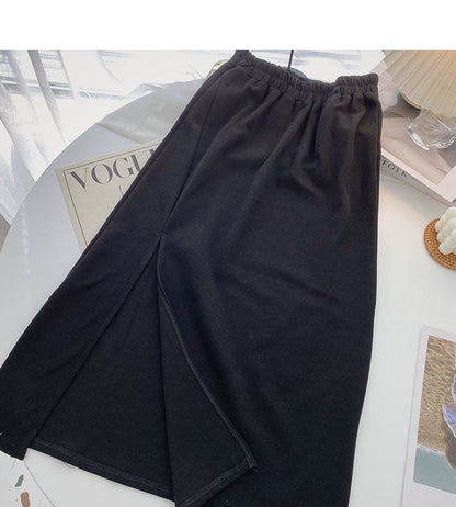 Korean high waist side split design pure color A-line skirt  5721