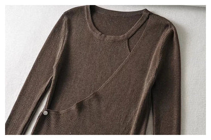 Design sense irregular round neck slim fit pure color versatile knitted cardigan  7367