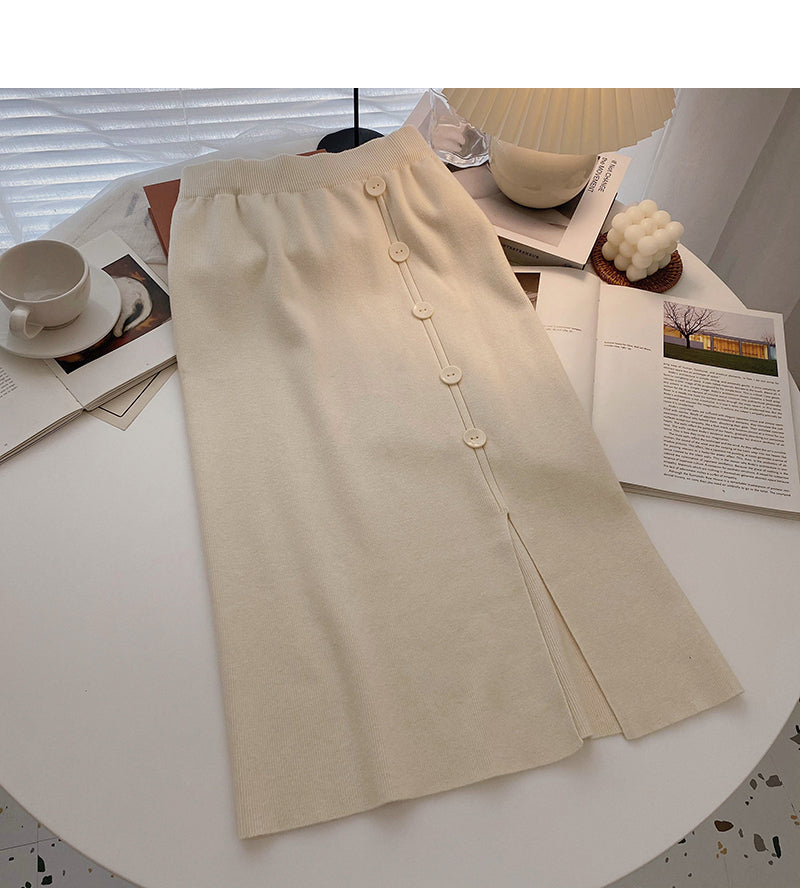 Design sense single breasted split A-line slim Knit Skirt  5741