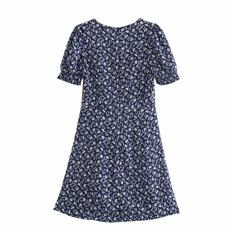 Printed sexy low cut French bubble sleeve dress  7081