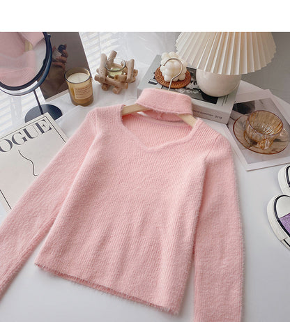 Imitation mink cashmere solid color sweater, niche design, hollow neck coat  6136