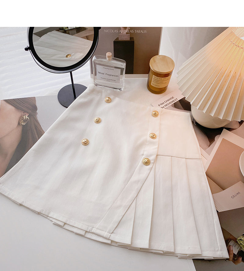 New design personalized double row button high waist A-line pleated skirt  5647