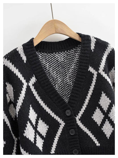 American Vintage diamond check V-neck knitted cardigan  7311