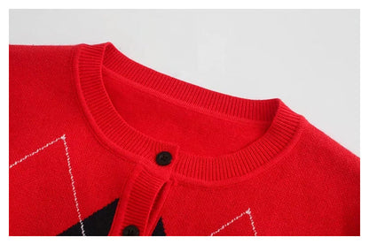 Vintage crew neck contrast diamond jacquard slim knit cardigan  7424