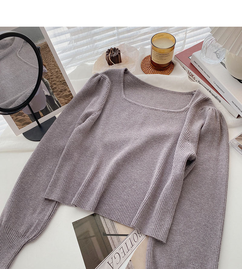 Simple solid color square neck long sleeve short top  6679
