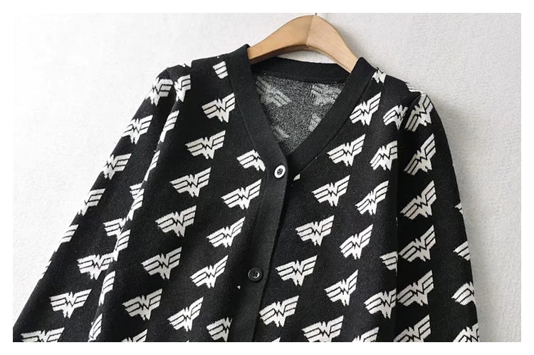 V-neck jacquard breasted knitted cardigan coat  7404
