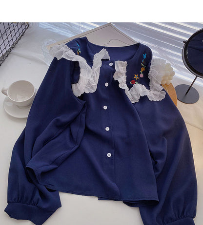 Korean girls' sense of foreign style lace doll neck top  6265