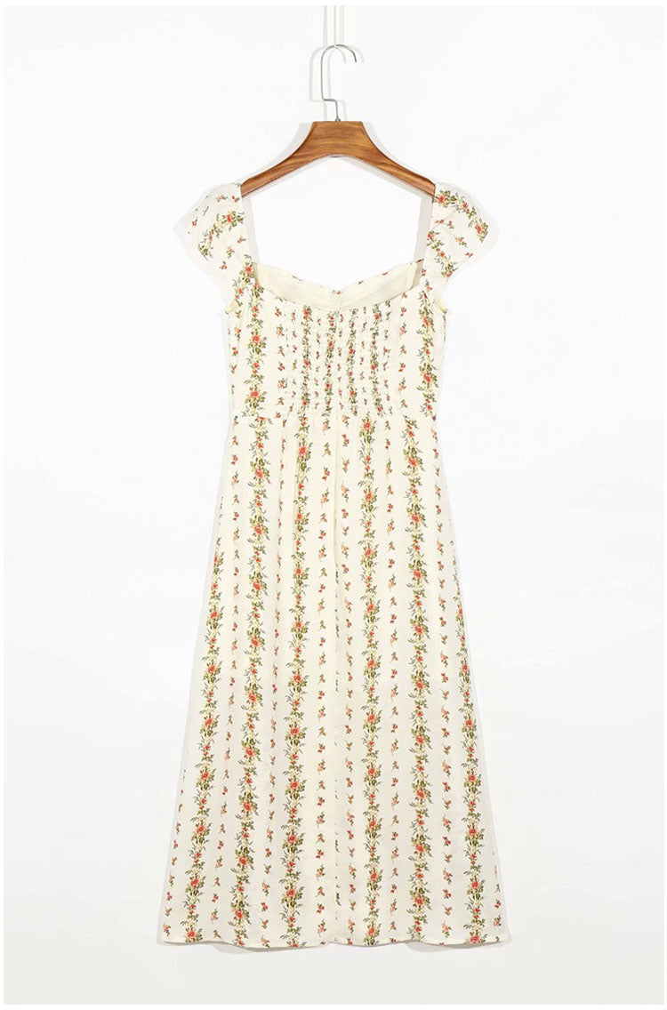Ruffle floral print split strap Knee Length Dress  7098