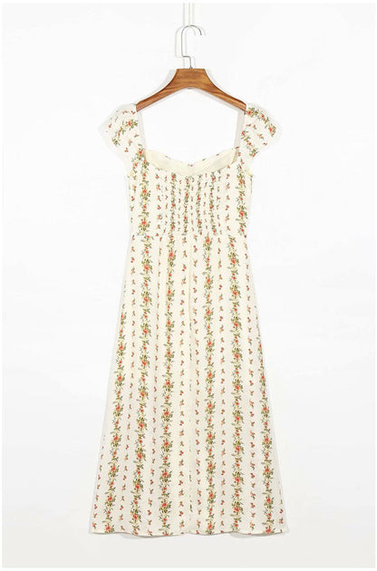 Ruffle floral print split strap Knee Length Dress  7098