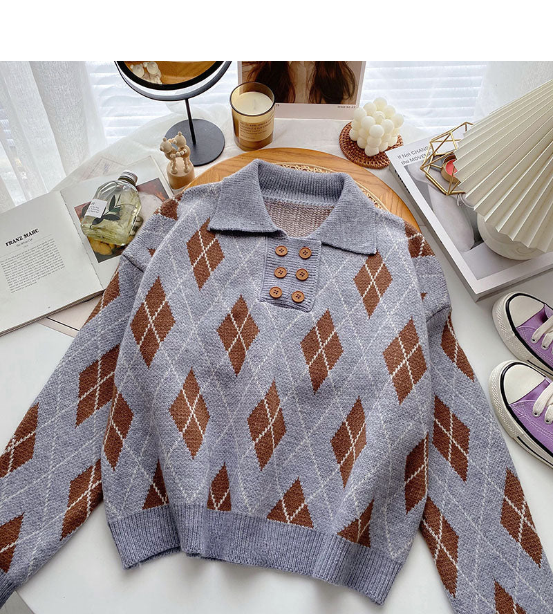 Lapel Pullover design rhombic contrast top  6124