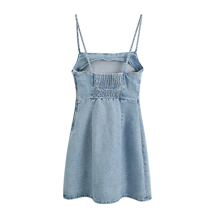 Suspender commuter style shoulder strap denim dress  7021