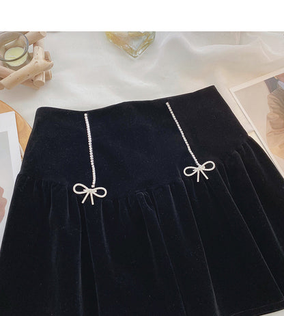 Golden velvet retro diamond studded bow high waist A-line umbrella skirt  5612