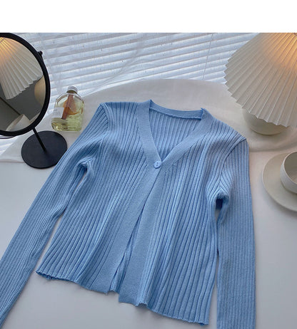 Candy V-neck one button cardigan versatile long sleeve short top  6534