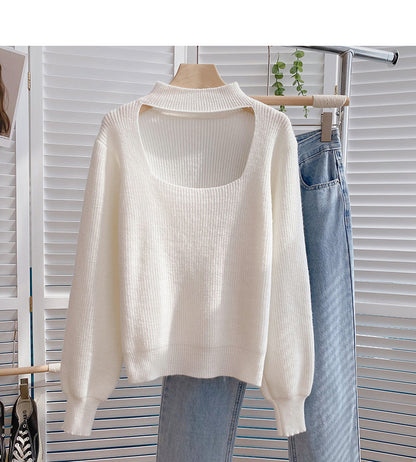 Stand collar hollowed out Lantern Sleeve Sweater  6177