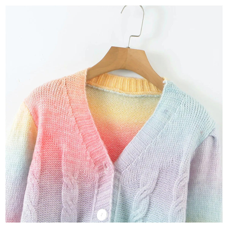 Versatile gradient V-neck short long sleeve wool sweater coat  7186