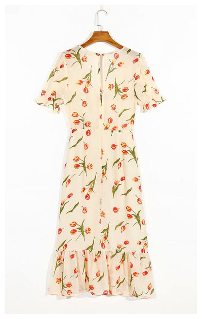 Versatile French printed V-neck split bubble sleeve medium length dress  7048