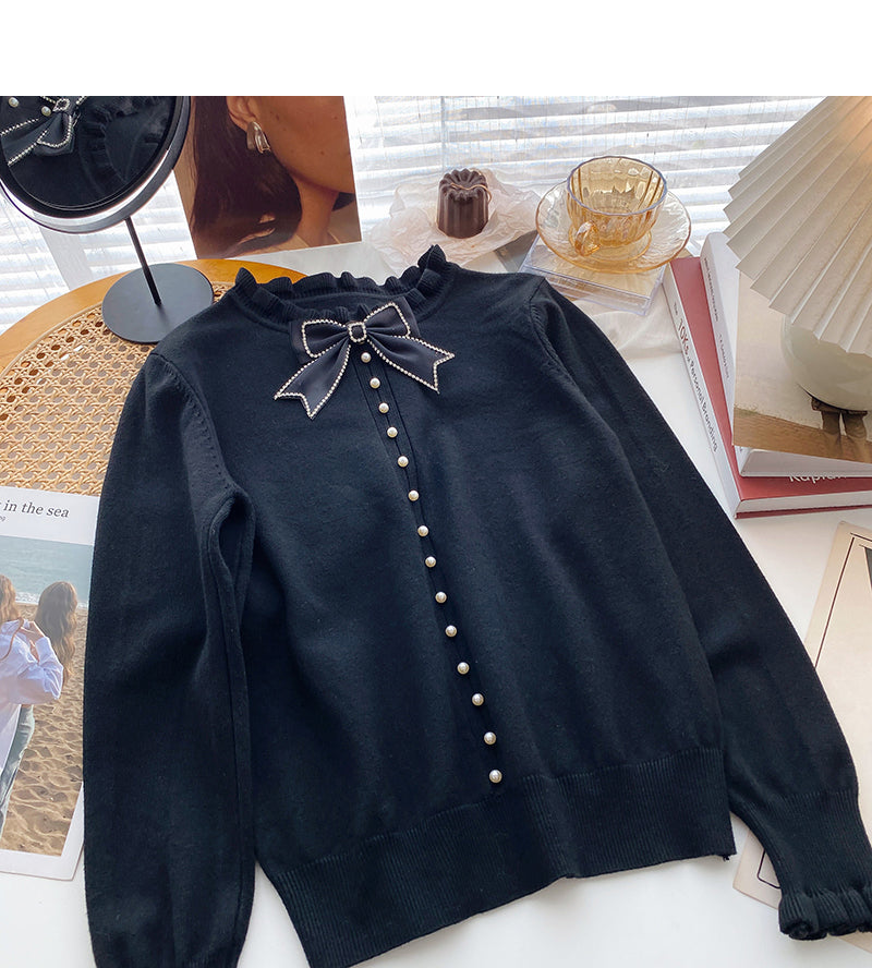 Korean bow round neck design retro nail bead Lace Long Sleeve Top  6038