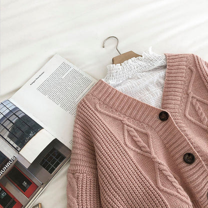 Loose coat women's long sleeve retro three button sweater  5836