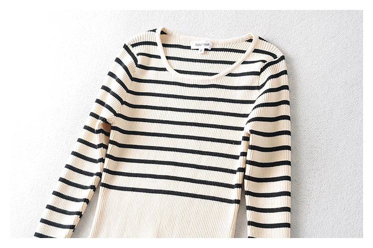 U-neck striped long sleeve slim bottomed sweater for women  7340