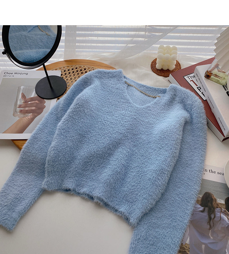 Korean version sweet and fresh small V-neck chain short top  5978