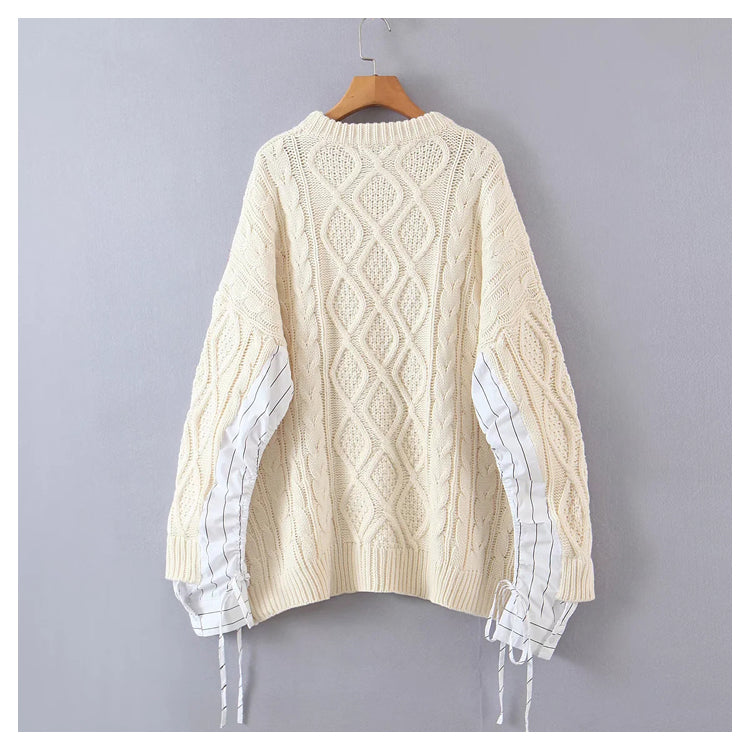 Vintage stitched sleeve round neck Pullover loose medium length sweater  7334