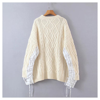 Vintage stitched sleeve round neck Pullover loose medium length sweater  7334
