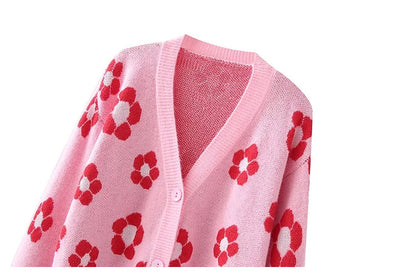New Japanese lazy style V-neck flower jacquard knitted cardigan  7295