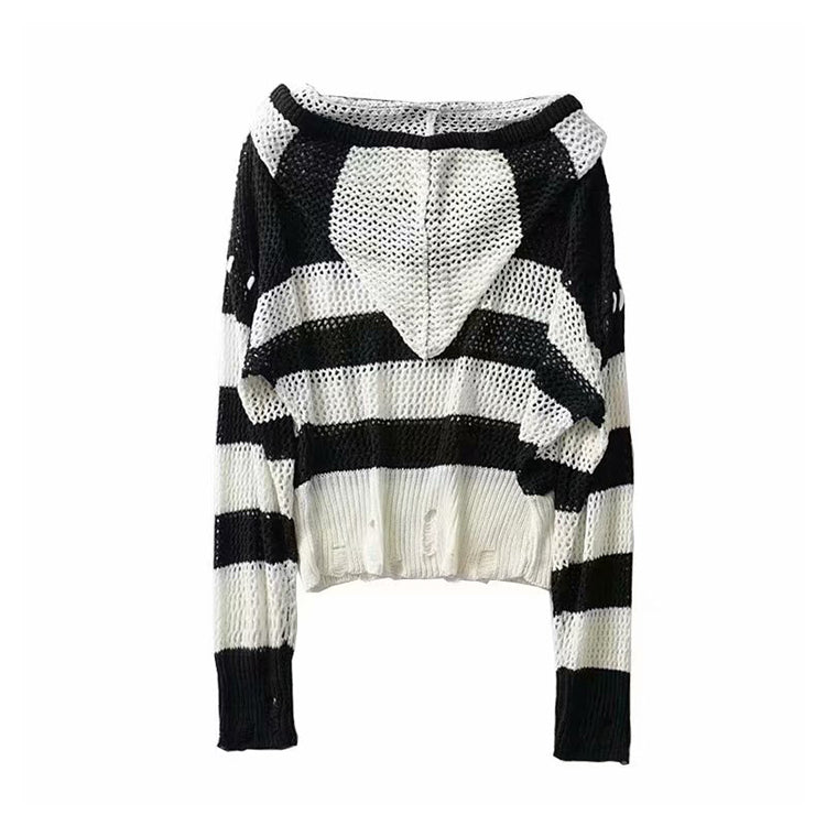 Hong Kong Style Vintage stripe hollowed out design Hooded Sweater  7280