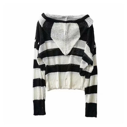 Hong Kong Style Vintage stripe hollowed out design Hooded Sweater  7280