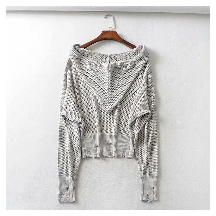 Hong Kong Style Vintage hollowed out Vintage Design Hooded Sweater  7279